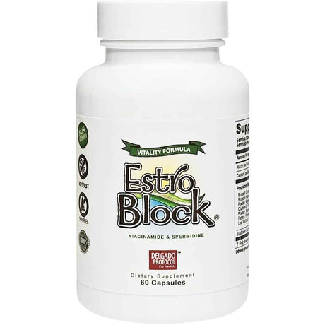 Frasco de suplemento DELGADO PROTOCOL EstroBlock Niacinamida y Espermidina 60 cápsulas