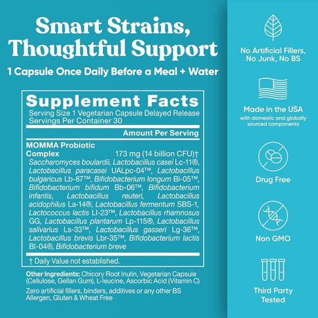 Tabla nutricional del suplemento Momma Probiotics Pre y Postnatal de EU Natural 30 cápsulas vegetarianas
