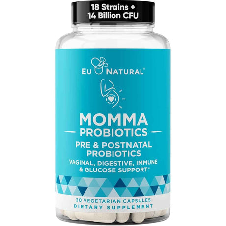 Frasco de suplemento Momma Probiotics Pre y Postnatal de EU Natural 30 cápsulas vegetarianas