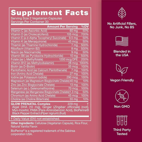 Tabla nutricional del suplemento EU Natural Prenatal Glow 60 capsulas