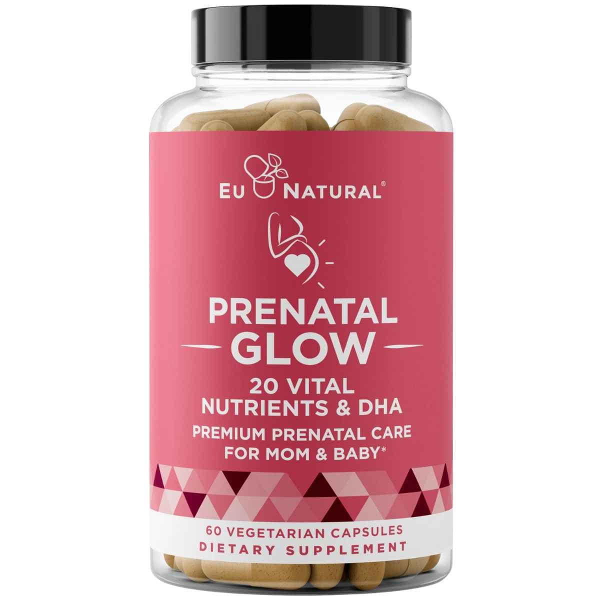 Frasco de suplemento EU Natural Prenatal Glow 60 capsulas