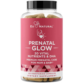 Frasco de suplemento EU Natural Prenatal Glow 60 capsulas