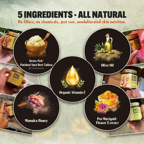Lista de 5 ingredientes naturales del Evil Goods Bálsamo Batido de Sebo y Miel Cítrico 4 oz