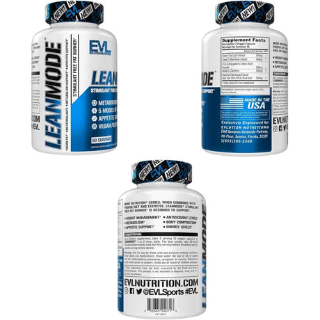 Etiqueta de Evlution Nutrition LeanMode con información del suplemento, ingredientes y modo de uso.