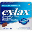 Caja de ex-lax chocolate regular strength con sennosides 15 mg presentación de 24 tabletas masticables