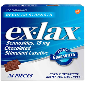 Caja de ex-lax chocolate regular strength con sennosides 15 mg presentación de 24 tabletas masticables