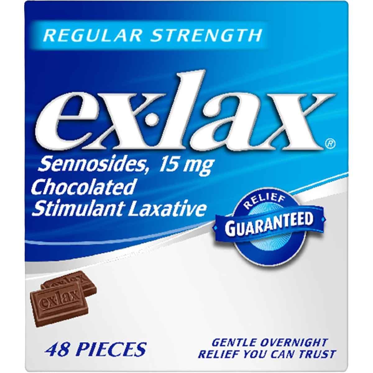 Caja de ex-lax chocolate regular strength con sennosides 15 mg presentación de 48 tabletas masticables