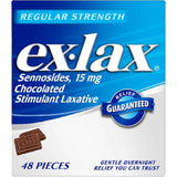 Caja de ex-lax chocolate regular strength con sennosides 15 mg presentación de 48 tabletas masticables