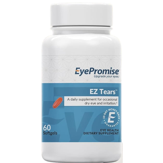 Frasco frontal de EyePromise EZ Tears con Omega 3 y aceite de pescado en presentación de 60 cápsulas blandas