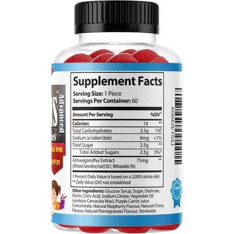 Tabla nutricional del suplemento EZ-Focus Extracto de Ashwagandha Sabor Fresa 60 Gomitas
