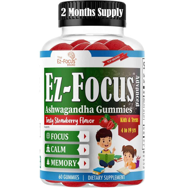 Frasco de suplemento EZ-Focus Extracto de Ashwagandha Sabor Fresa 60 Gomitas