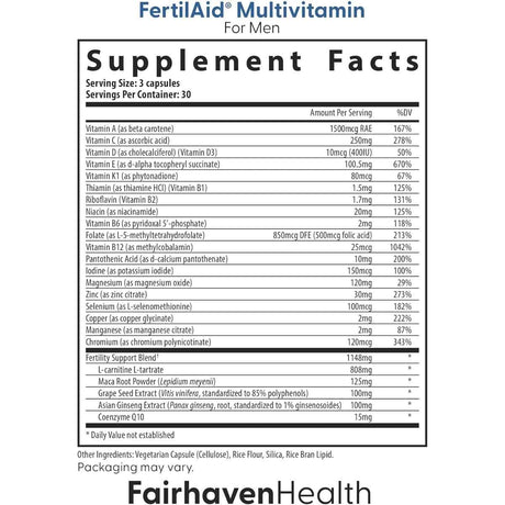 Tabla nutricional del suplemento FertilAid Multivitamin del Pack de Fertilidad Masculina de Fairhaven Health.