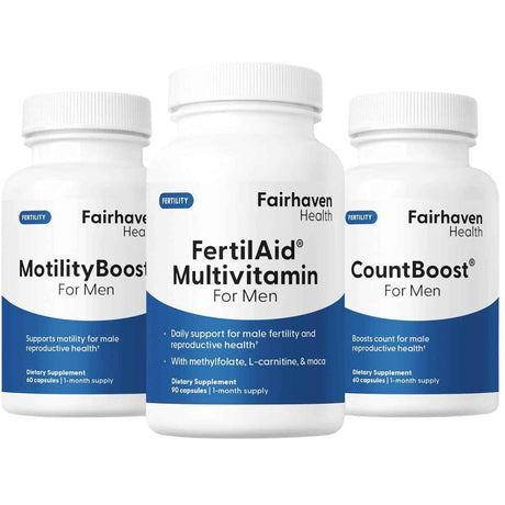 Kit de 3 frascos de suplemento Fairhaven Health Pack de Inicio de Fertilidad Masculina (FertilAid, CountBoost y MotilityBoost).