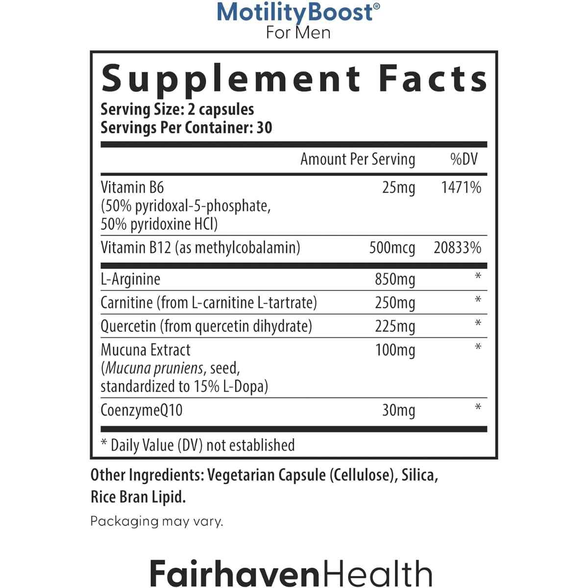 Tabla nutricional del suplemento MotilityBoost del Pack de Fertilidad Masculina de Fairhaven Health.