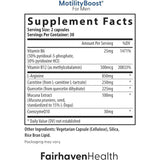 Tabla nutricional del suplemento MotilityBoost del Pack de Fertilidad Masculina de Fairhaven Health.