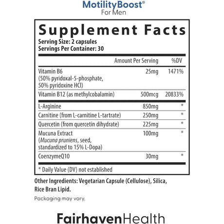 Tabla nutricional del suplemento MotilityBoost del Pack de Fertilidad Masculina de Fairhaven Health.