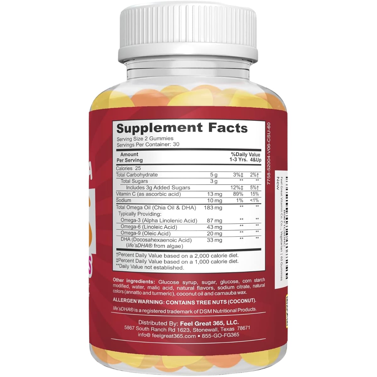 Tabla nutricional del suplemento Feel Great Vitamin Co. Omega + DHA 60 gomitas