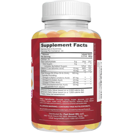 Tabla nutricional del suplemento Feel Great Vitamin Co. Omega + DHA 60 gomitas