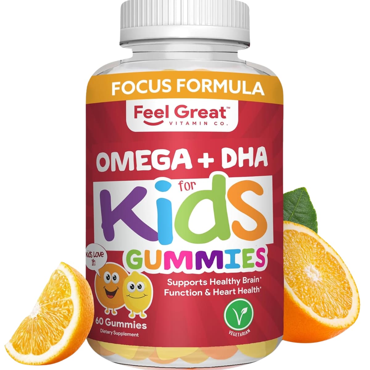 Frasco de suplemento Feel Great Vitamin Co. Omega + DHA 60 gomitas