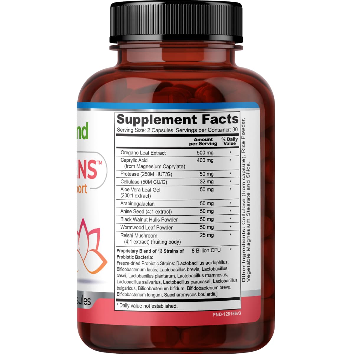 Tabla nutricional del suplemento FineLand Candifens Complejo para Flora Intestinal 60 Cápsulas