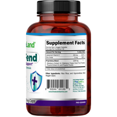 Supplement Facts de Fineland Flu-Fend con porción, ingredientes, UPC e información del envase