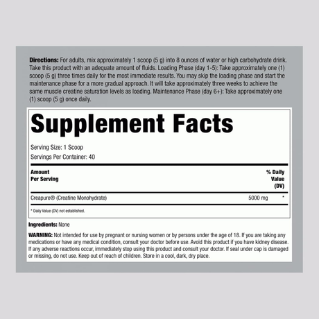 Información del suplemento de Fitness Labs creatina monohidrato Creapure, presentación de 200 g