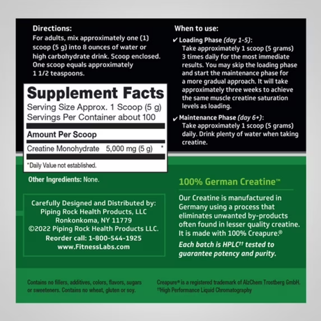 Información del suplemento de Fitness Labs creatina monohidrato Creapure, presentación de 500 g