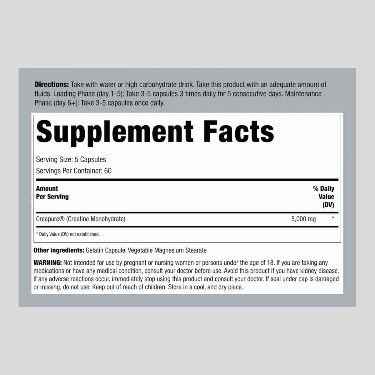 Tabla nutricional del suplemento Fitness Labs Monohidrato de Creatina Alemana (Creapure®) 5000 mg 300 Cápsulas