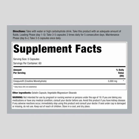 Tabla nutricional del suplemento Fitness Labs Monohidrato de Creatina Alemana (Creapure®) 5000 mg 300 Cápsulas