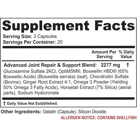 Tabla nutricional del suplemento Flexacil Ultra Complejo de Glucosamina y Condroitina 60 Cápsulas