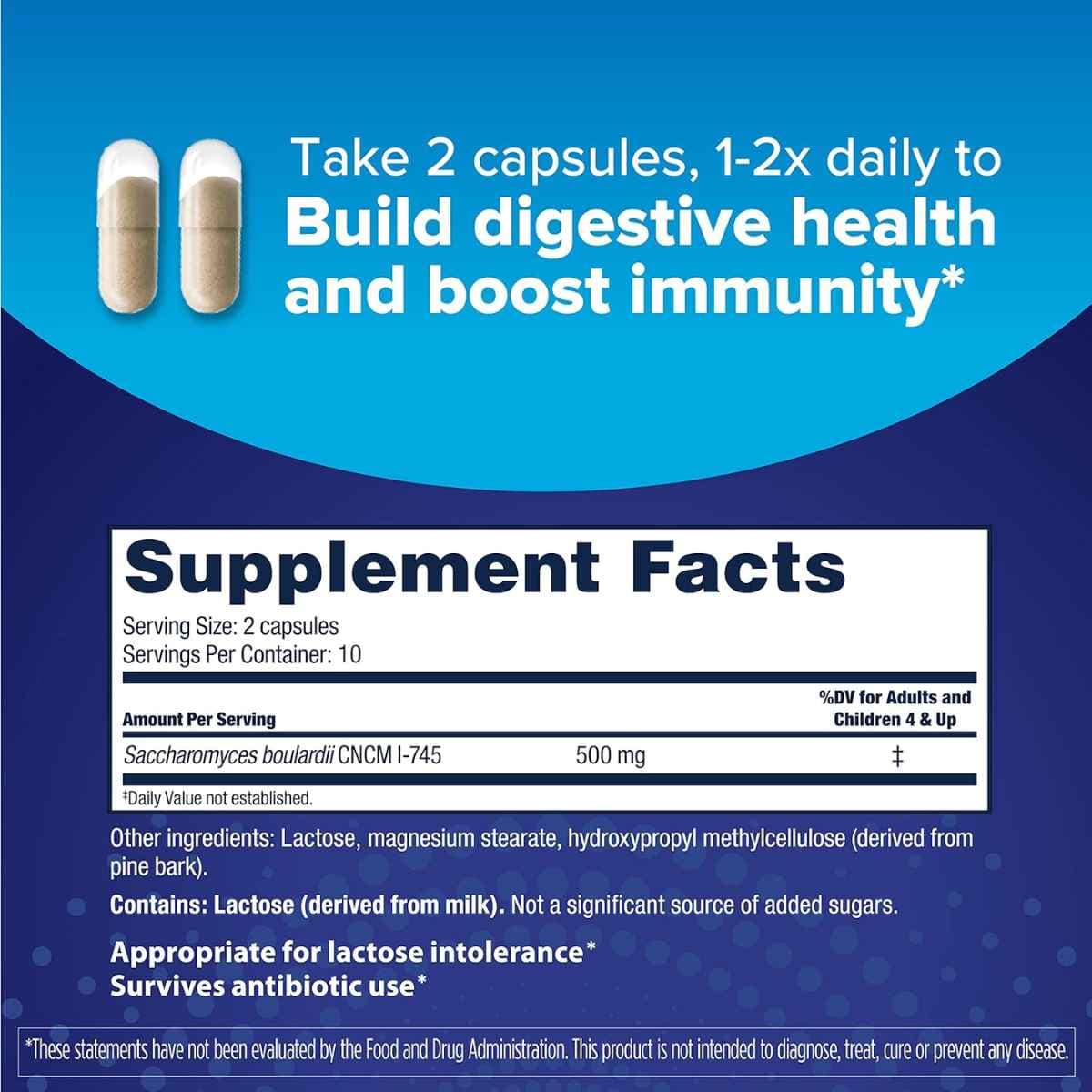Tabla nutricional del suplemento Florastor Saccharomyces Boulardii 500 mg 20 cápsulas