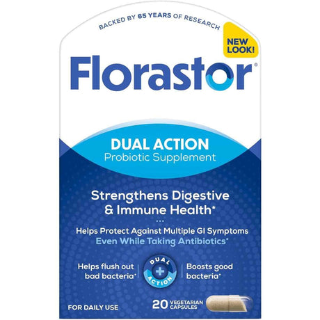Frasco de suplemento Florastor Saccharomyces Boulardii 500 mg 20 cápsulas