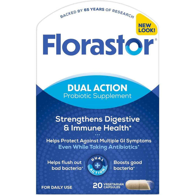 Frasco de suplemento Florastor Saccharomyces Boulardii 500 mg 20 cápsulas