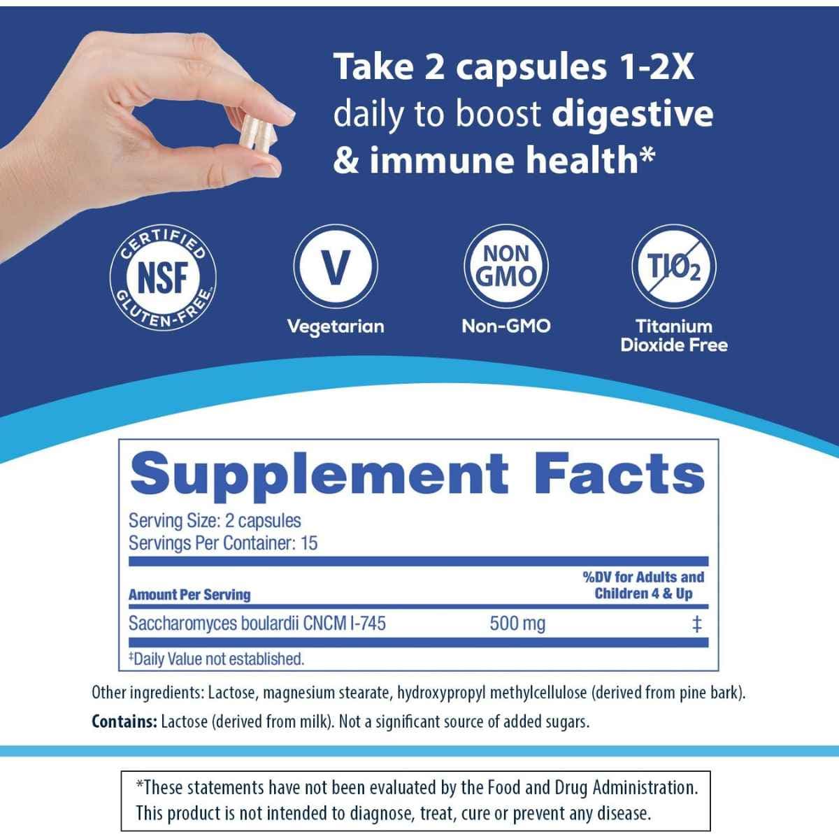 Tabla nutricional del suplemento Florastor Saccharomyces Boulardii 500 mg 30 cápsulas