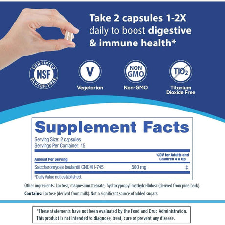 Tabla nutricional del suplemento Florastor Saccharomyces Boulardii 500 mg 30 cápsulas