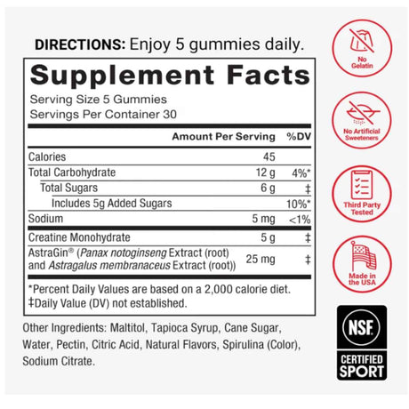 Información del suplemento de Force Factor creatina monohidratada, sabor naranja, 150 gomitas.