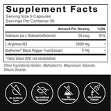 Tabla nutricional del suplemento Force Factor L-Arginina HCl 3000 mg 150 cápsulas