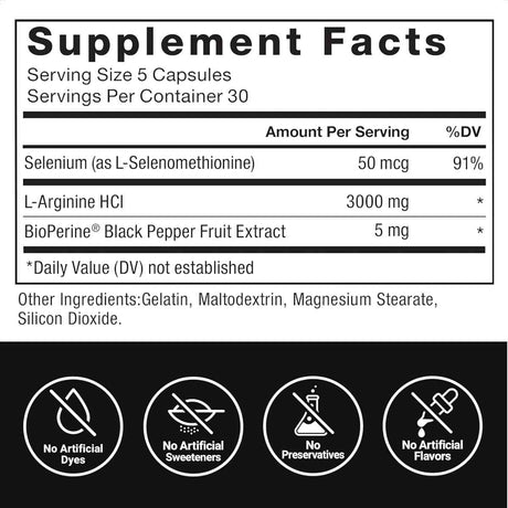 Tabla nutricional del suplemento Force Factor L-Arginina HCl 3000 mg 150 cápsulas