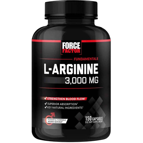 Frasco de suplemento Force Factor L-Arginina HCl 3000 mg 150 cápsulas