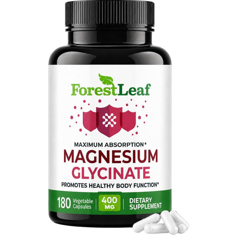 Frasco de glicinato de magnesio ForestLeaf de 180 cápsulas vegetales