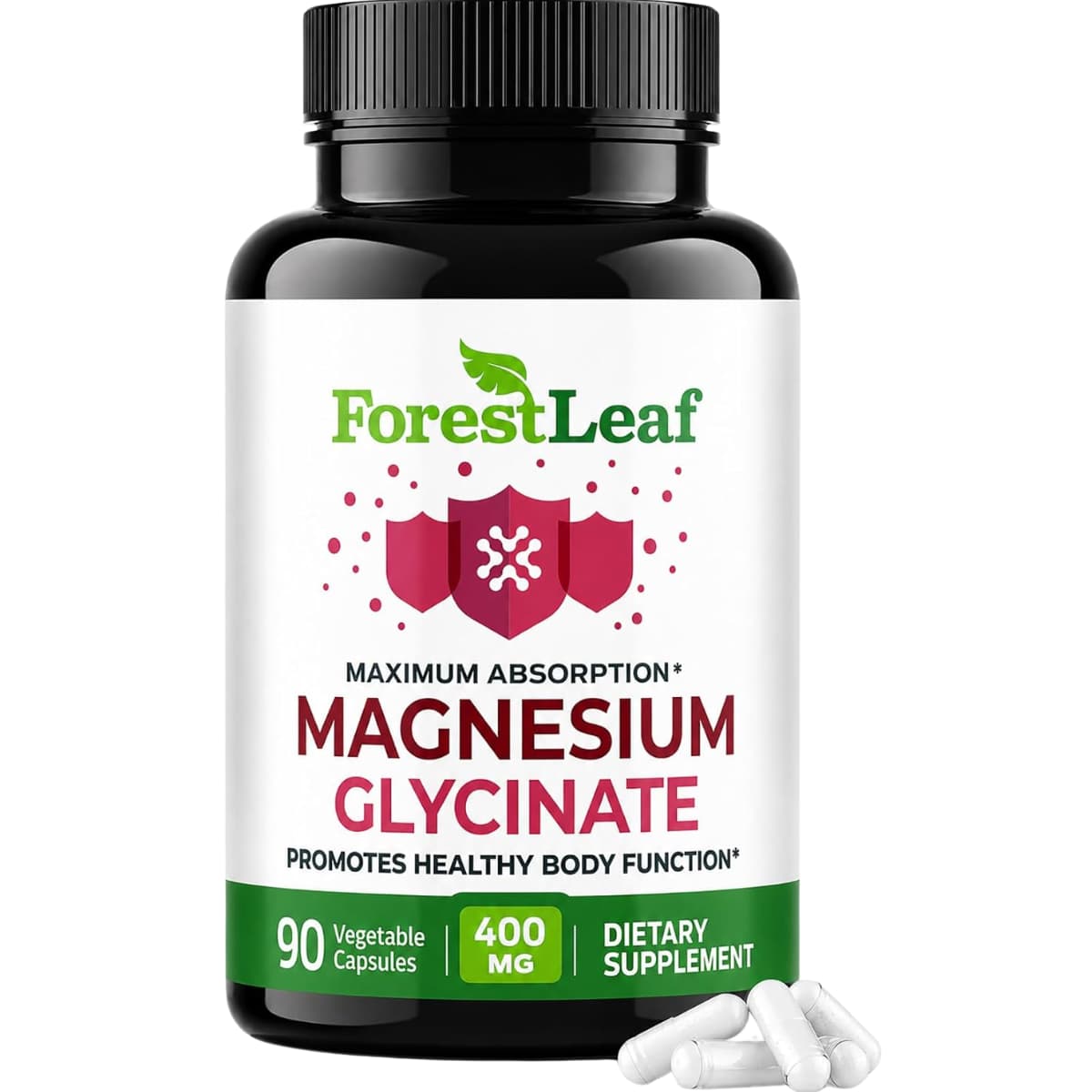 Frasco de glicinato de magnesio ForestLeaf de 90 cápsulas vegetales