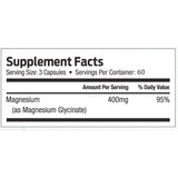 Etiqueta de información suplementaria de glicinato de magnesio ForestLeaf de 180 cápsulas vegetales