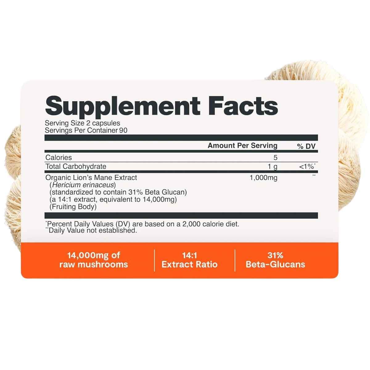 Tabla Supplement Facts FreshCap Melena de León 180 cápsulas