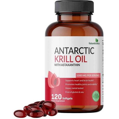 Frasco de suplemento Futurebiotics Aceite de Krill Antártico 1000 mg 120 cápsulas blandas