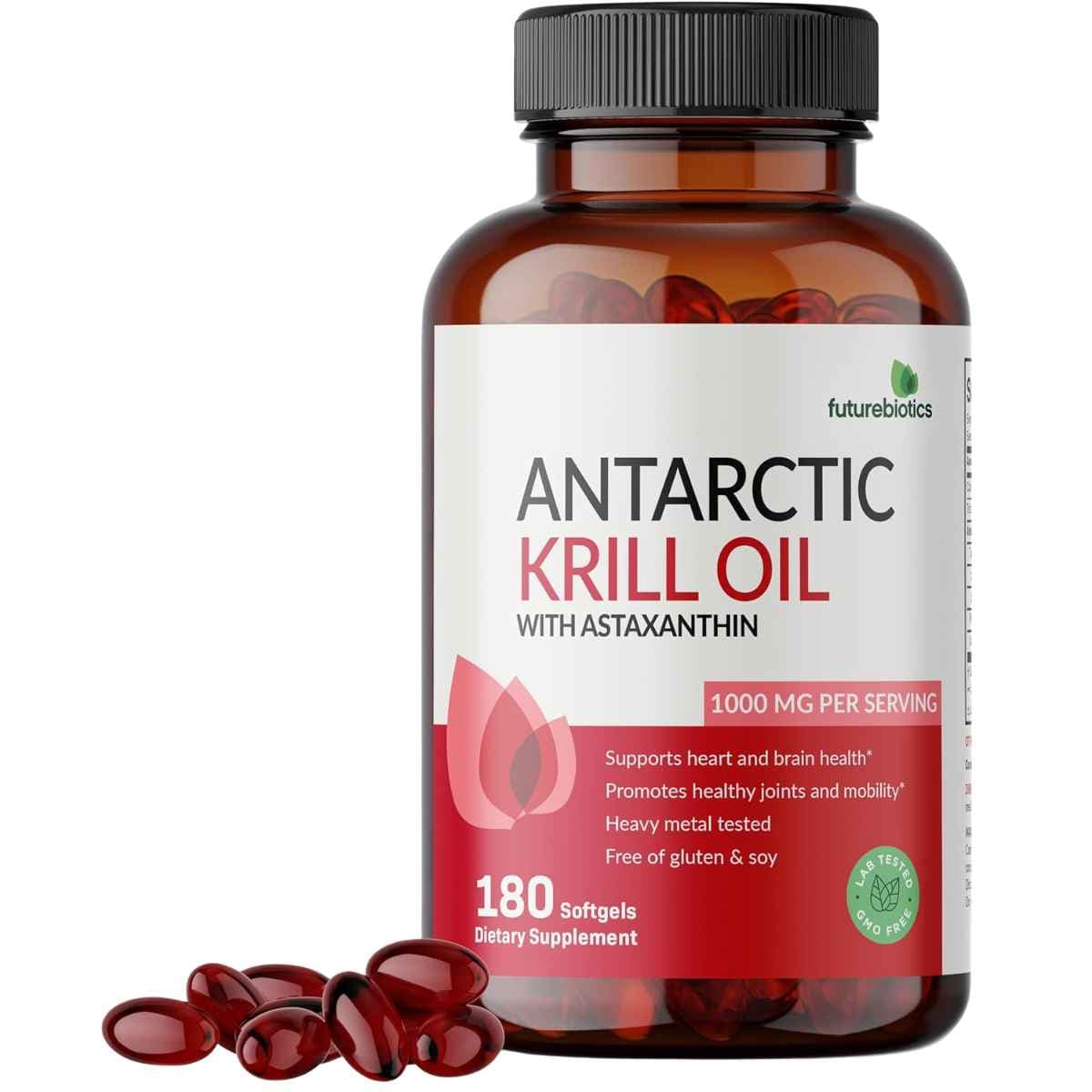 Frasco de suplemento Futurebiotics Aceite de Krill Antártico 1000 mg 180 cápsulas blandas