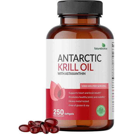 Frasco de suplemento Futurebiotics Aceite de Krill Antártico 1000 mg 250 cápsulas blandas