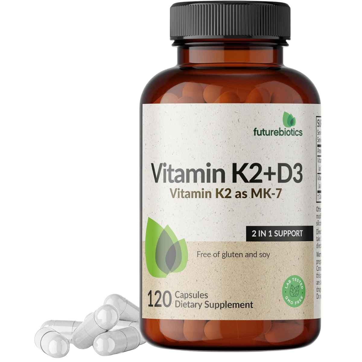 Frasco de suplemento Futurebiotics Vitamina K2 + D3 5000 UI 120 cápsulas