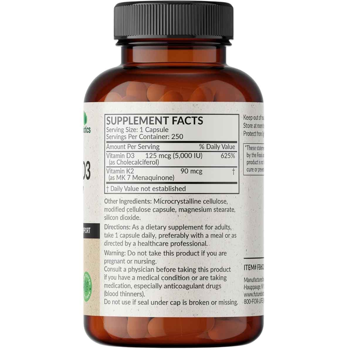 Tabla nutricional del suplemento Futurebiotics Vitamina K2 + D3 5000 UI 250 cápsulas