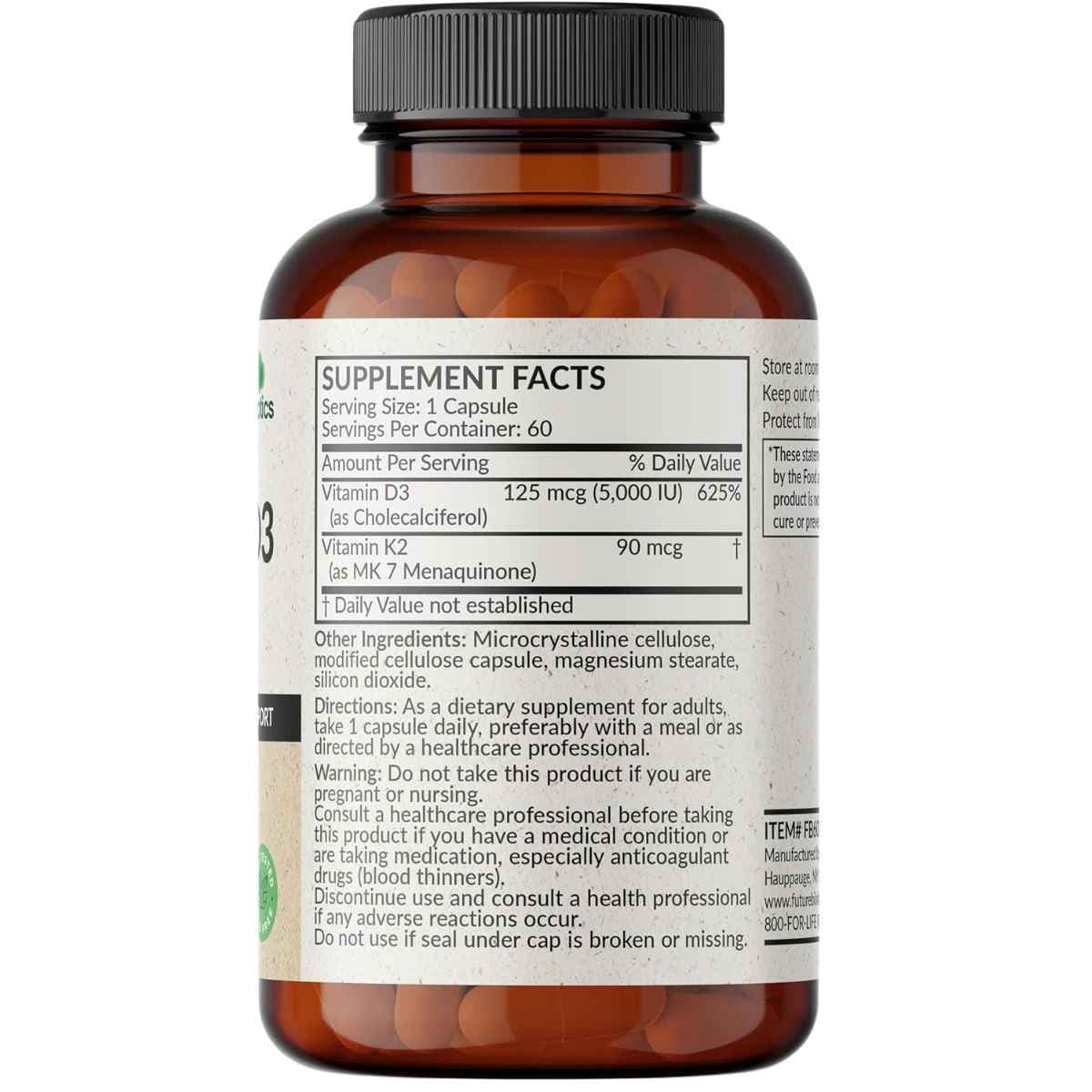 Tabla nutricional del suplemento Futurebiotics Vitamina K2 + D3 5000 UI 60 cápsulas