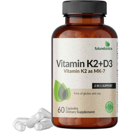 Frasco de suplemento Futurebiotics Vitamina K2 + D3 5000 UI 60 cápsulas